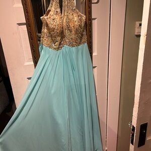 Elegant Beaded Halter Dress in Aqua and Gold